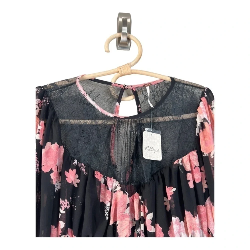 Free People Daphne Black Pink Lace Bell Sleeve Smocked Crop Whimsigoth NEW